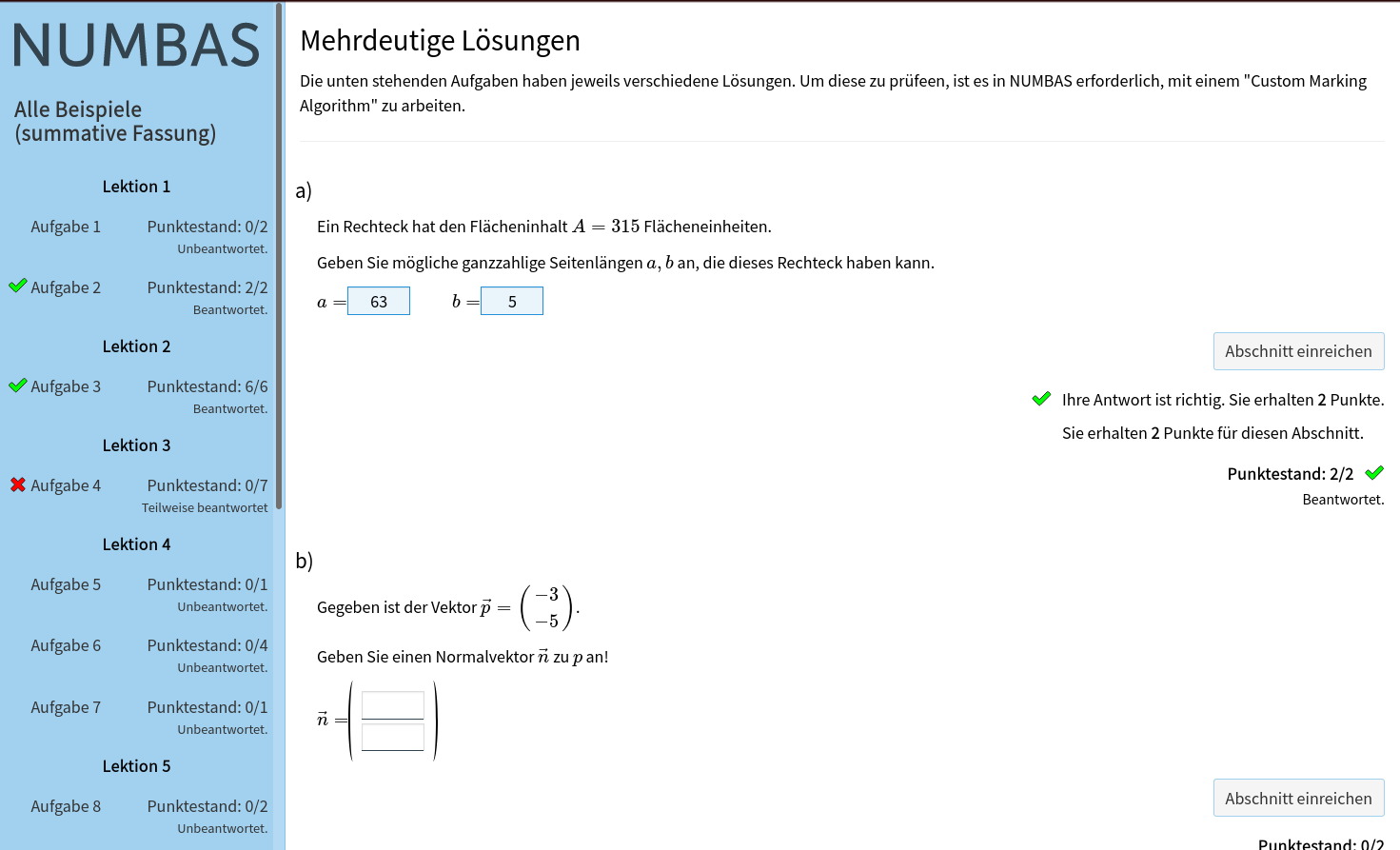 A Numbas exam presented in German.