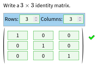 Prompt text says 'write a 3 × 3 identity matrix. Beneath are inputs labelled 'rows' and 'columns', and then a grid of inputs containing the entries of a 3×3 identity matrix, followed by a green tick.