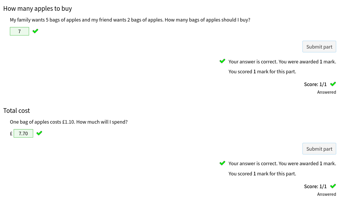 A question of two parts, both consisting of prompt text followed by an input box, a button labelled 'Submit part', some feedback text and a score