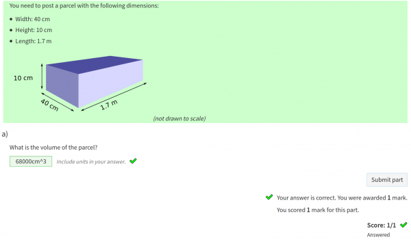 Screenshot of a question with a quantities part, answered