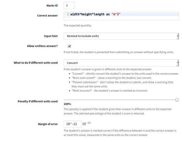 Settings for a quantity part