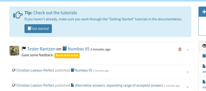 "Tip: Check out the tutorials" above some text and a button labelled "Get started", in a box above the homepage activity timeline.