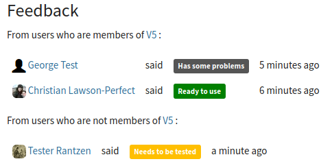 Screenshot of a summary of feedback labels on an item. Users who are members of the item's project are shown separately to other users.