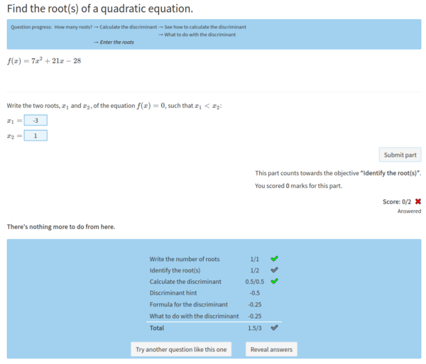 A question in explore mode. At the top is a tree showing the revealed parts of the question. In the middle is the current part, with input boxes and feedback. At the bottom is a breakdown of the score for the question.