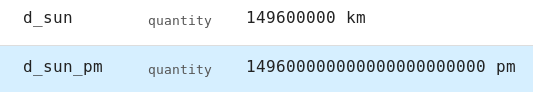 Variable preview showing the distance to the sun in kilometres and picometres.