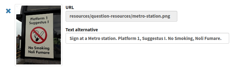 Screenshot of editor interface. On the left is an image, and on the right are two fields labelled "URL" and "Text alternative"