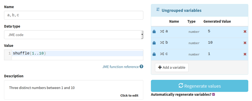 Variable editor interface. The name field contains "a,b,c" and the value field "shuffle(1..10)". The description says "Three distinct numbers between 1 and 10". On the right, the variable preview shows three rows a,b and c with generated values 5, 10 and 1.