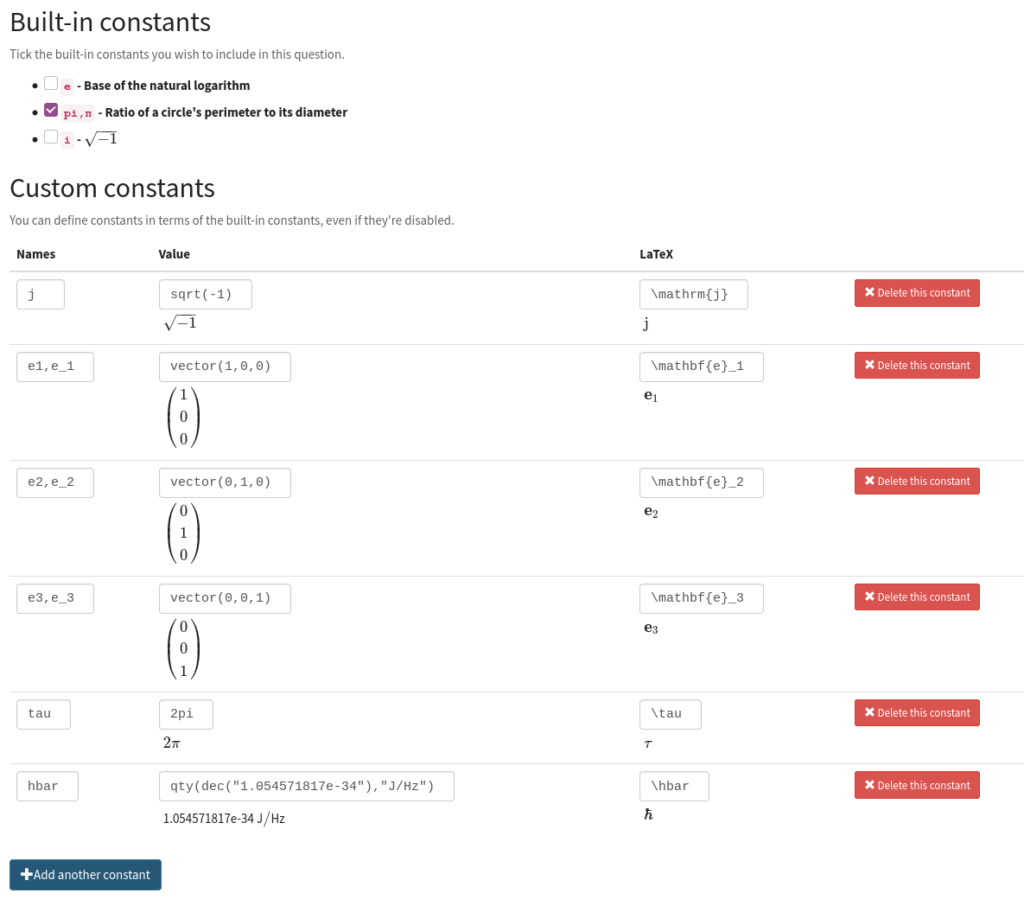 The constant editing interface. There's a list of built-in constants with checkboxes, and a table of custom constants, each with fields for names, value and latex.