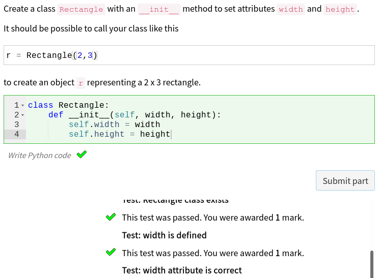 Screenshot of a Numbas question with a code editor. The editor contains Python code which has been marked correct.