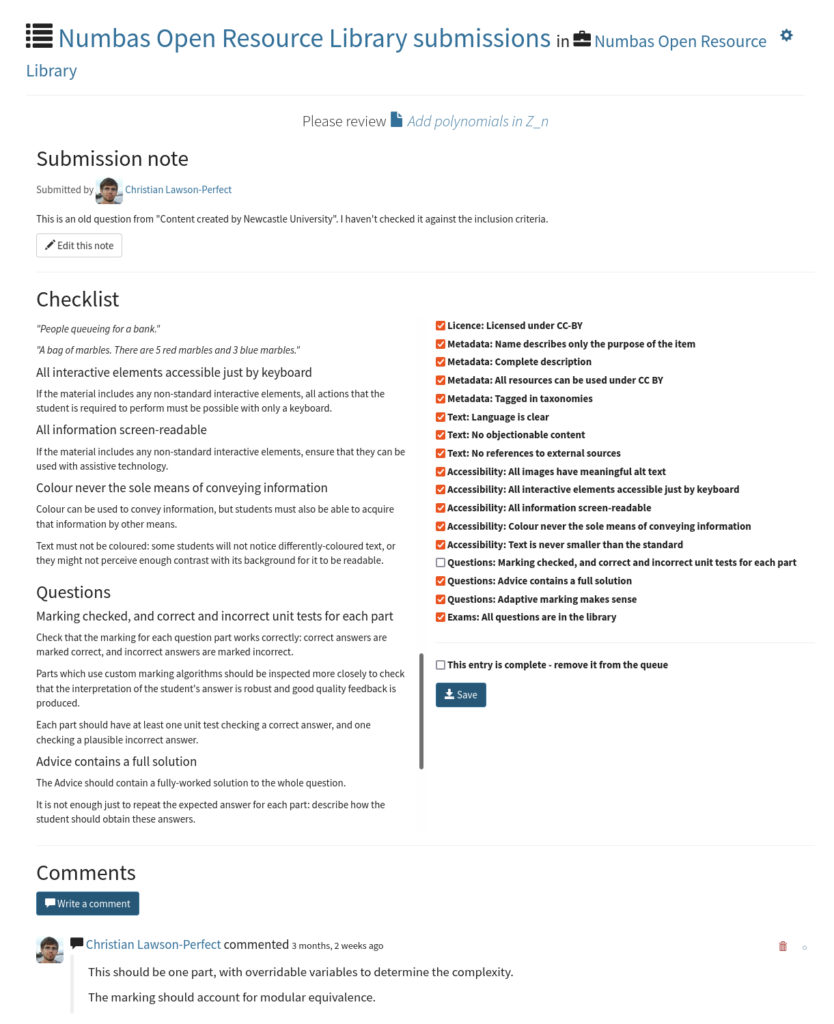 Reviewing an entry in "Numbas Open Resource Library submissions". There's a submission note, a checklist, and a thread of comments.