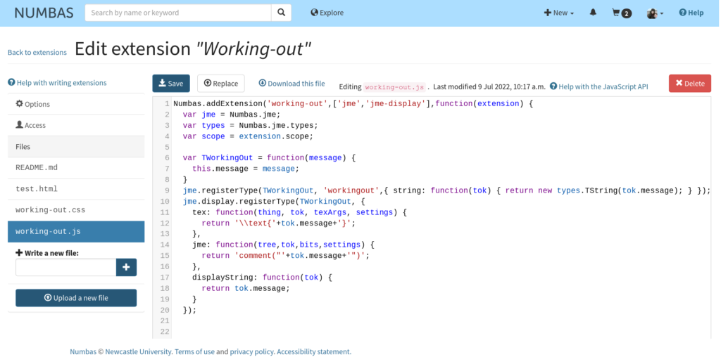 Screenshot of the extension editor interface. At the top is a header "Edit extension "working-out"". Beneath is an interface with a sidebar on the left listing files, and a code editor on the right.