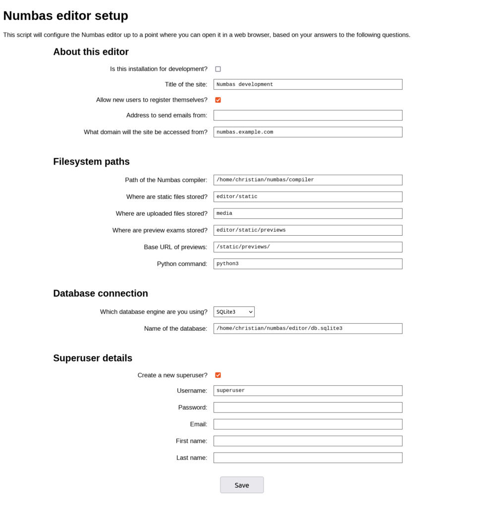 Screenshot of the Numbas editor setup form