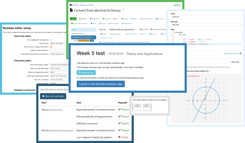 Collage of screenshots showing new Numbas features