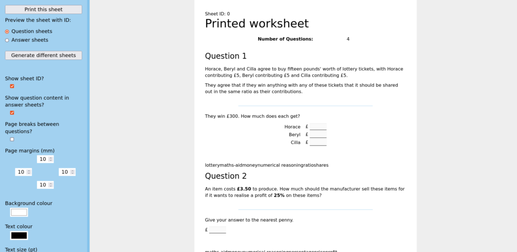Screenshot of the printed worksheet theme, showing a sidebar with form controls and a rendering of the printed worksheet to the right.