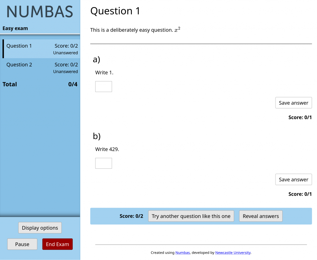 The Numbas exam interface in light mode, with black text on a white background.