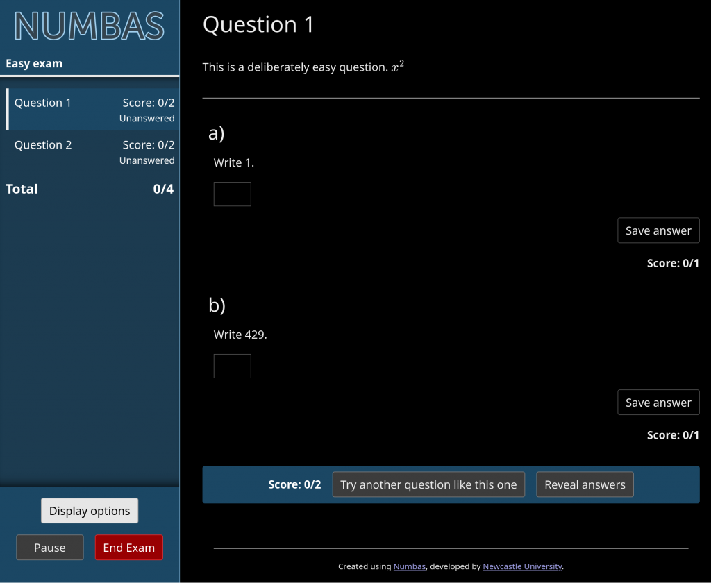 The Numbas exam interface in dark mode, with white text on a dark background.