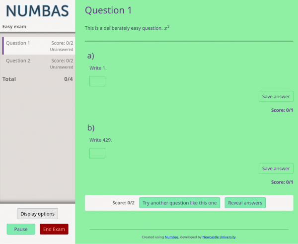 The Numbas exam interface with customised colours.