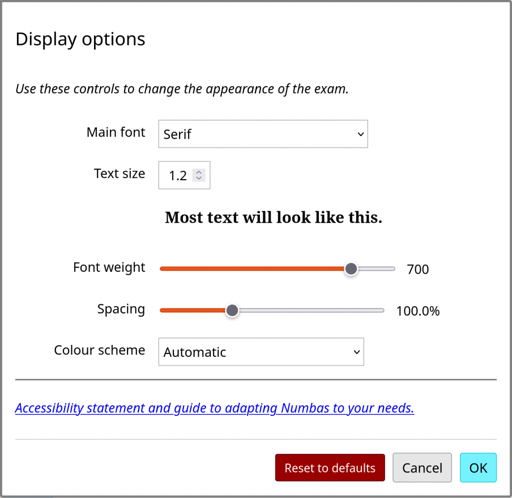 The Display options dialog, with the text set to Serif, size 1.2, weight 700.