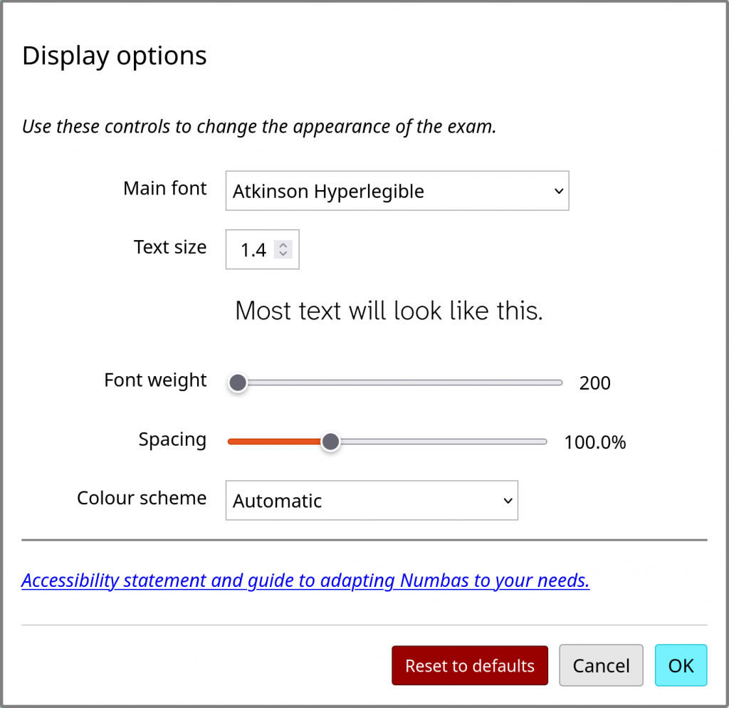 The Display options dialog, with the font set to Atkinson Hyperlegible.