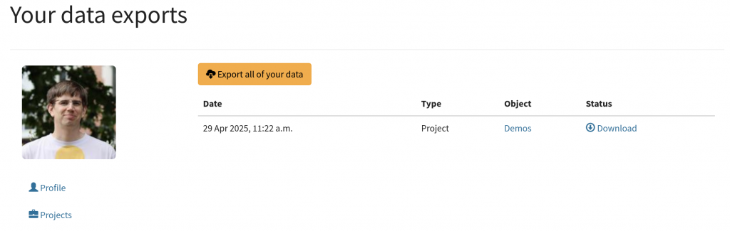 "Your data exports". A button labelled "Export all of your data" above a table listing export files.